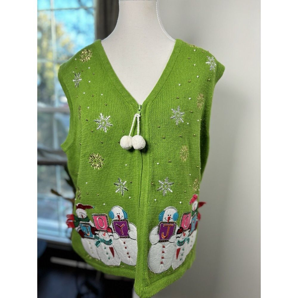 Reference Point NY Vintage Womens L Christmas Sweater Vest Zipper Snowman